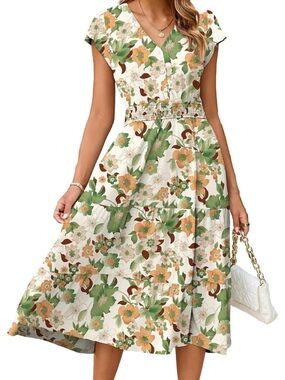 V-Neck Floral Midi Dress in Cream, Green & Tan Size M Medium